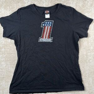 Harley Davidson Rhinestones T-Shirt Tee Top Black Red #1 Quaid Sacramento